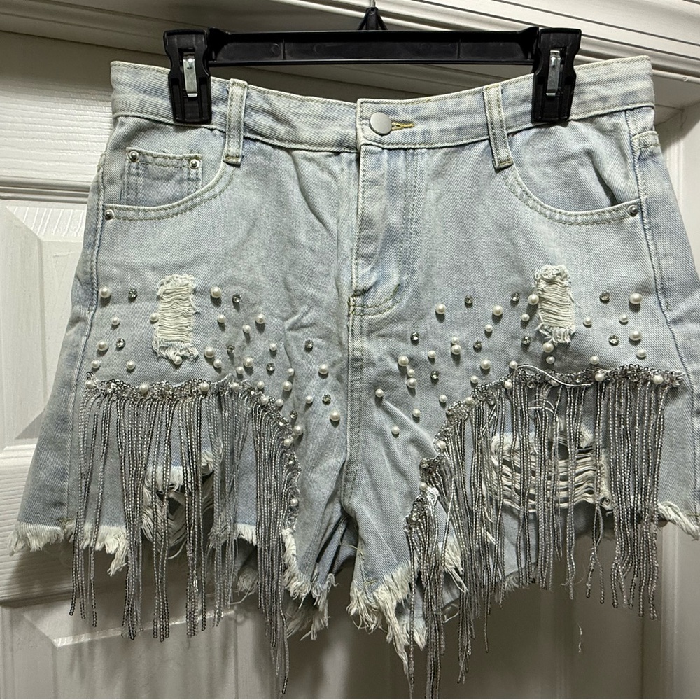 Studded Denim Shorts with Fringe